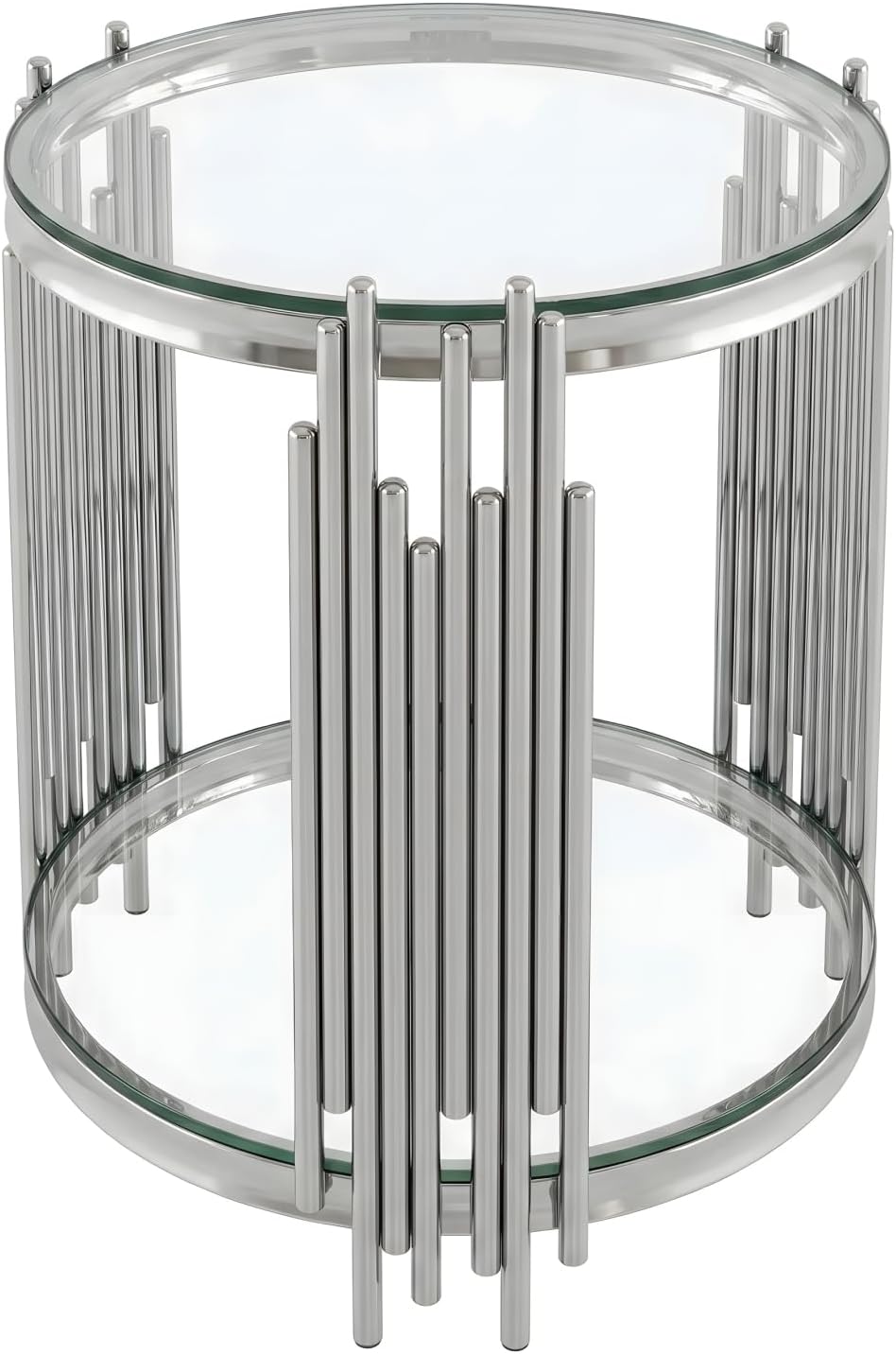 19.7" Luxury Round Silver End Table with 2-Tier Clear Tempered Glass Shelves, Modern Sofa Bedside Table for Living Room Bedroom Home Office, Polished Stainless Steel Frame