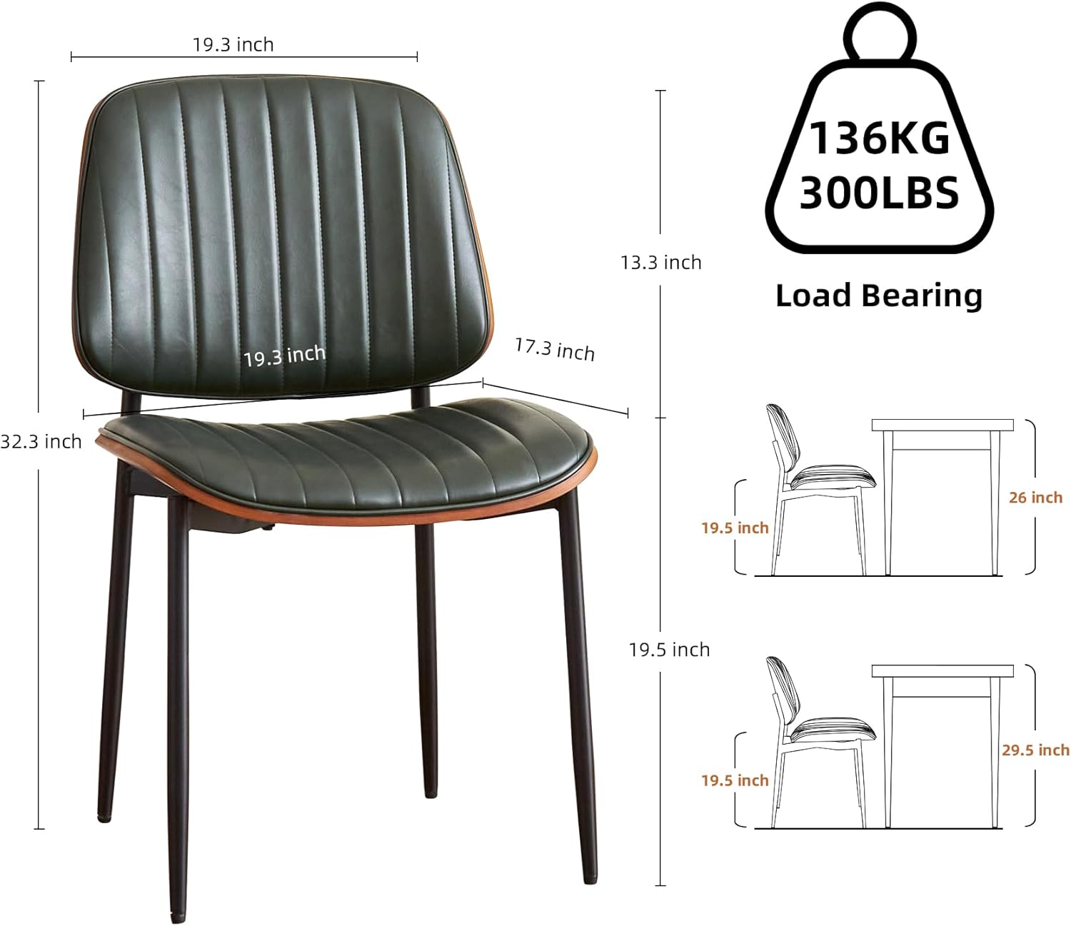 Mid Century Modern Dining Chairs Set of 6, Retro Chair with Faux Leather Upholstered Seat/Back & Metal Legs & Leg Protectors for Kitchen (Dark Green)