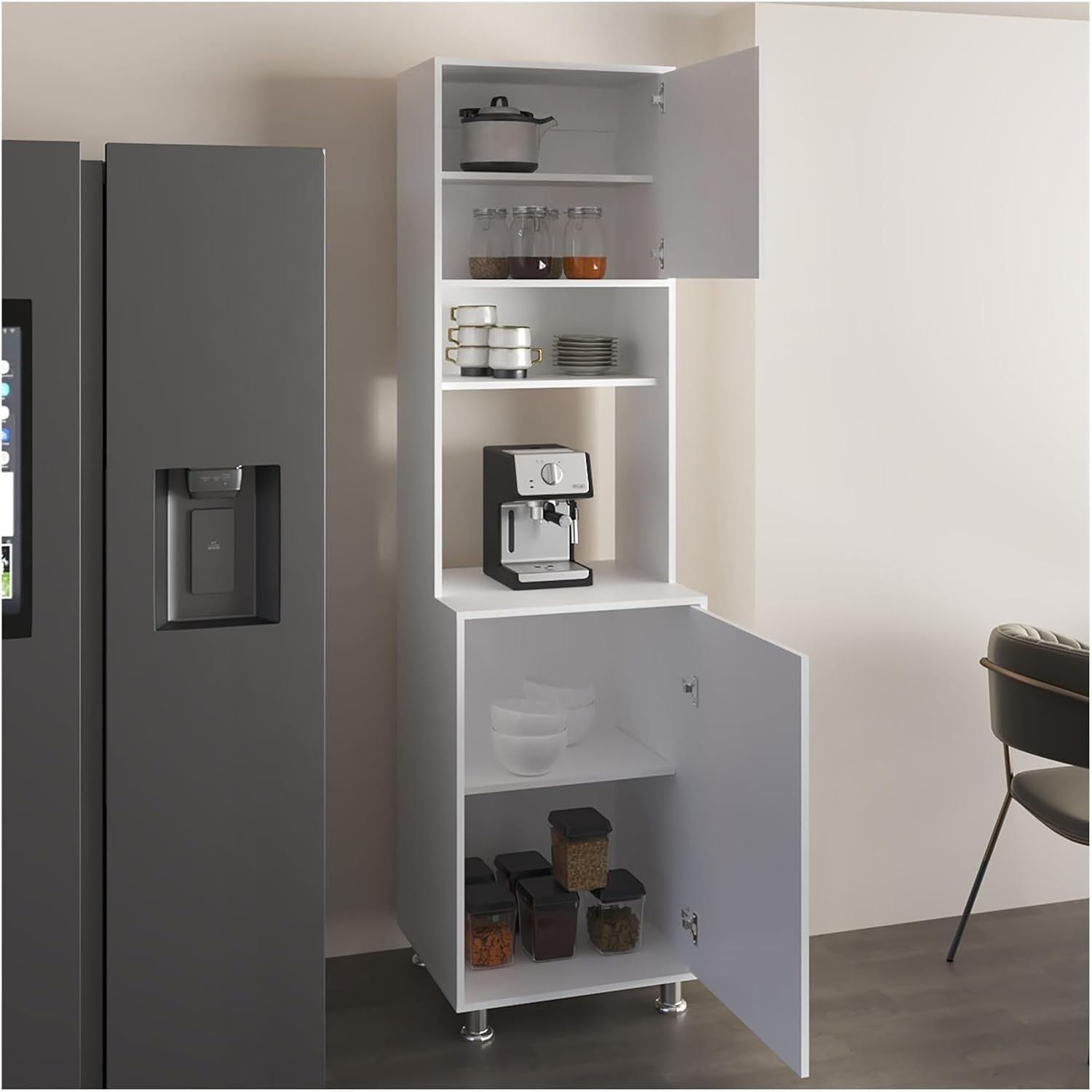 Kitchen Pantry Cabinet with Two Doors, Open Middle Shelf and Upper Storage, White,for Kitchen