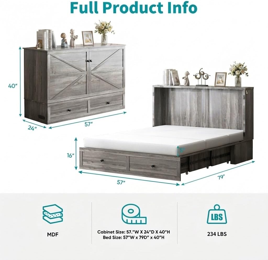 BALUS Full Size Murphy Bed, Full Cabinet Bed with Tri-Fold Memory Foam Mattress, Wooden Cabinets Beds with USB Charging Station and Storage Drawers, Space-Saving Cabinet Bed for Bedroom,Grey
