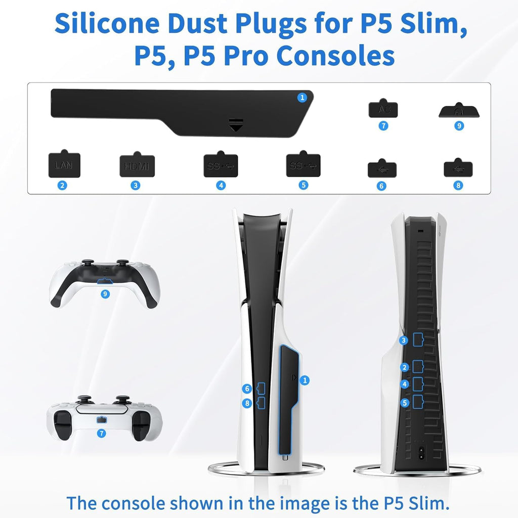 OLCLSS Vertical Stand for P5 Pro, P5 Slim & P5 Consoles (Digital/Disc) with 9 Silicone Dust Plugs - Anti-Slip Base, Anti-Tip Design, Secure Screw, Accessories, Compatible with P5 Pro, Slim & 5 Models