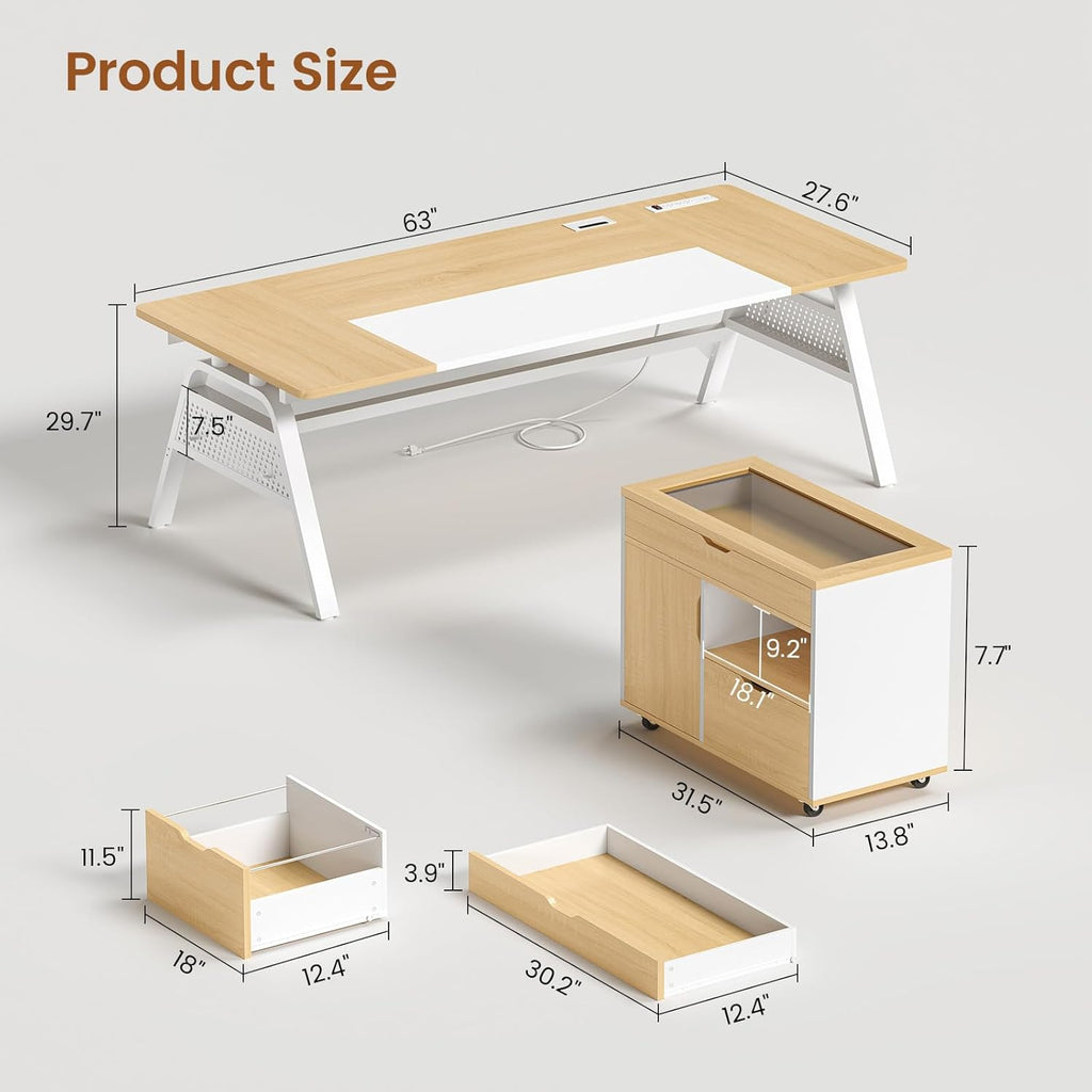SEDETA L Shaped Computer Desk with Mobile File Cabinet & Power Outlets, Executive Home Office Desk with Storage Drawers, Pegboard, Cable Management, Reversible L Desk for Work & Gaming, White + Oak