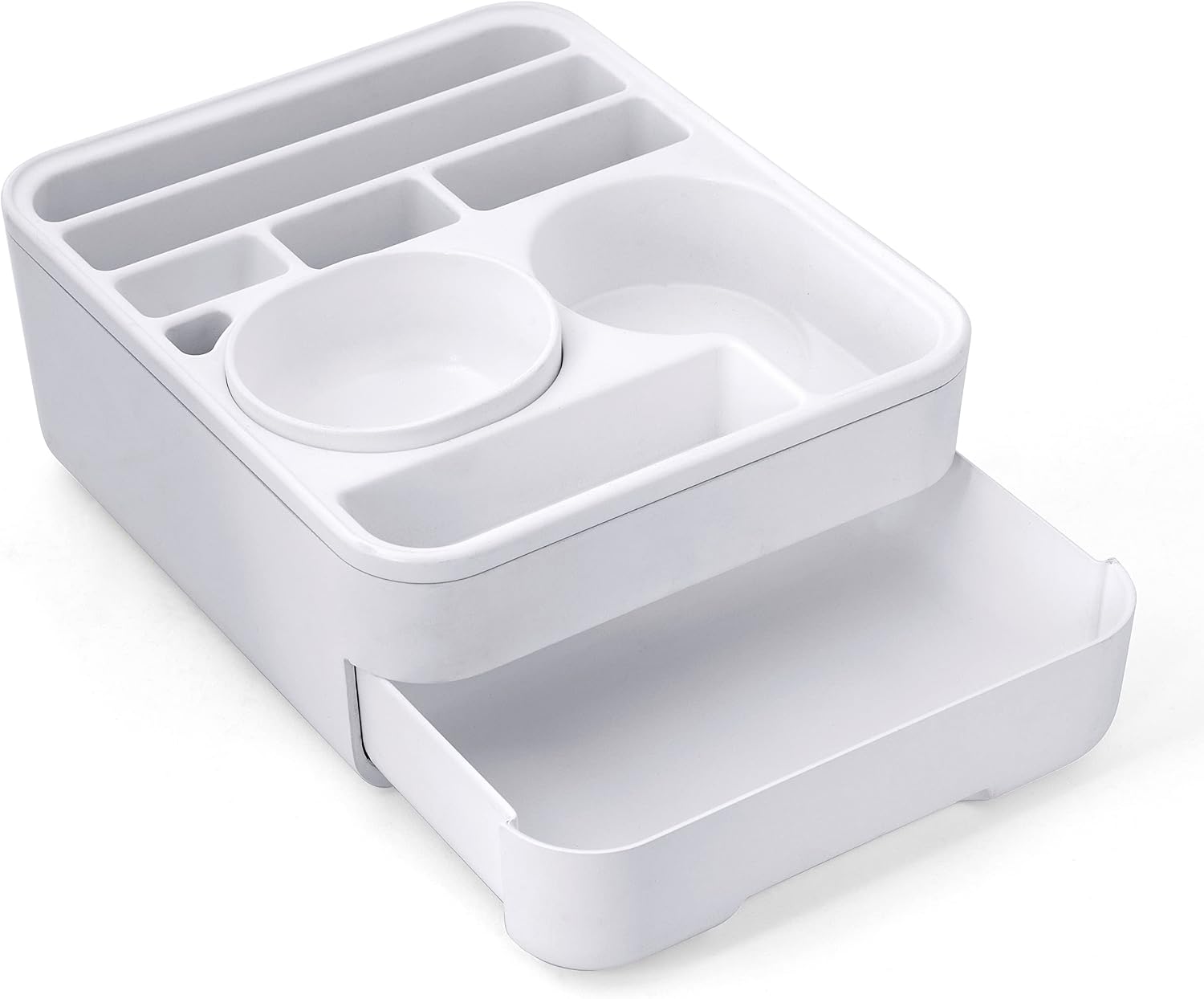 Copco Home Office Caddy Lazy Susan Organizer with Removable Snack Cup and Drawer - Desktop Turntable Storage for Snacks, Tablets, Phones, Remotes, Headphones - 10 x 8.5 x 4.5 Inches
