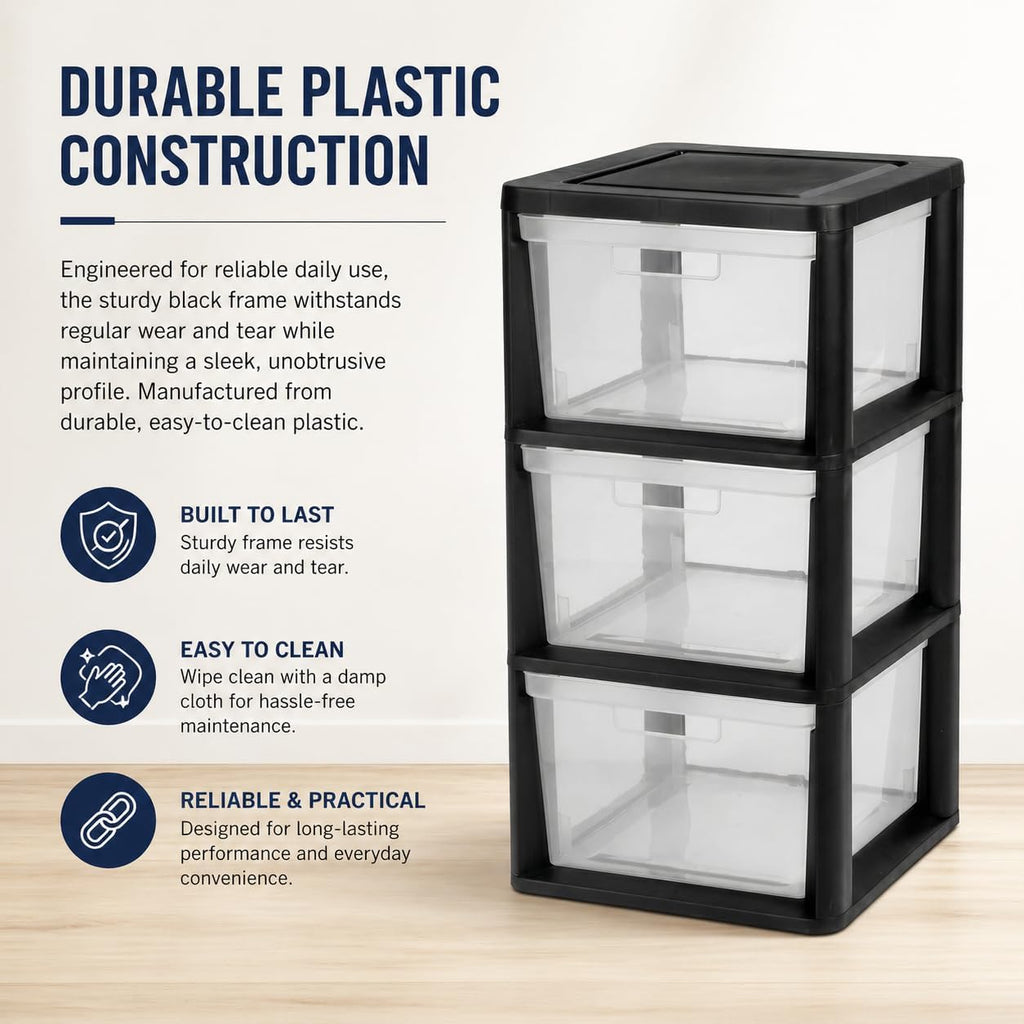 3-Drawer Plastic Storage Organizer Tower, Black Frame with Clear Removable Bins, Tool-Free Assembly, 25.25" H - Stationary Multi-Purpose Drawer Storage