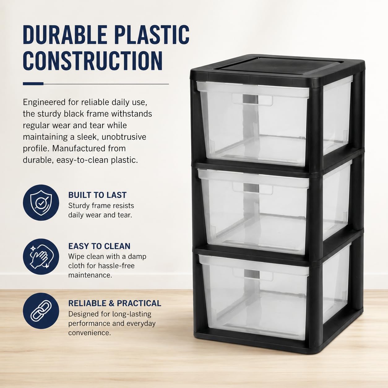 3-Drawer Plastic Storage Organizer Tower, Black Frame with Clear Removable Bins, Tool-Free Assembly, 25.25" H - Stationary Multi-Purpose Drawer Storage