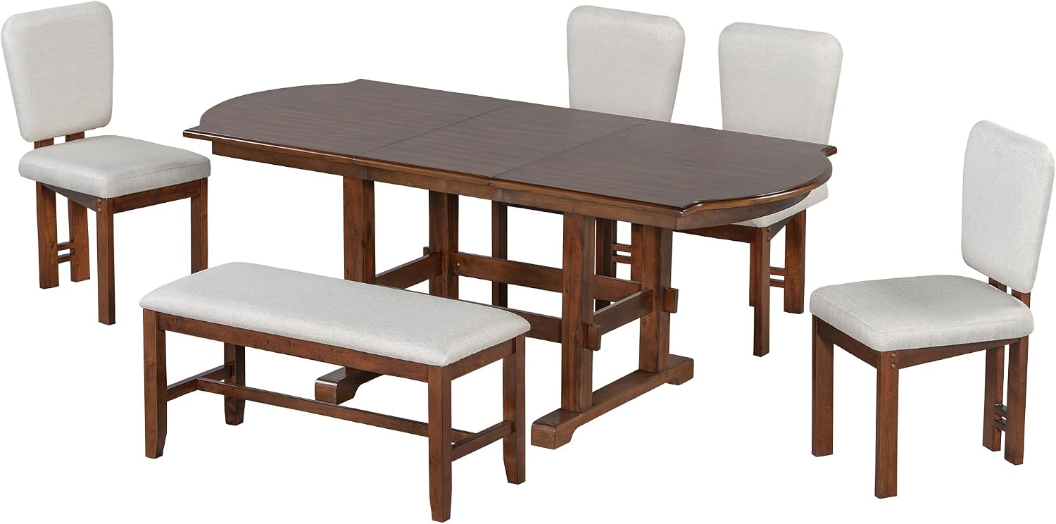 6-Piece Traditional Dining Table Set, 78" Extendable Wood Table with 18" Removable Leaf, 4 Upholstered Dining Chairs & 1 Bench, Espresso & Beige