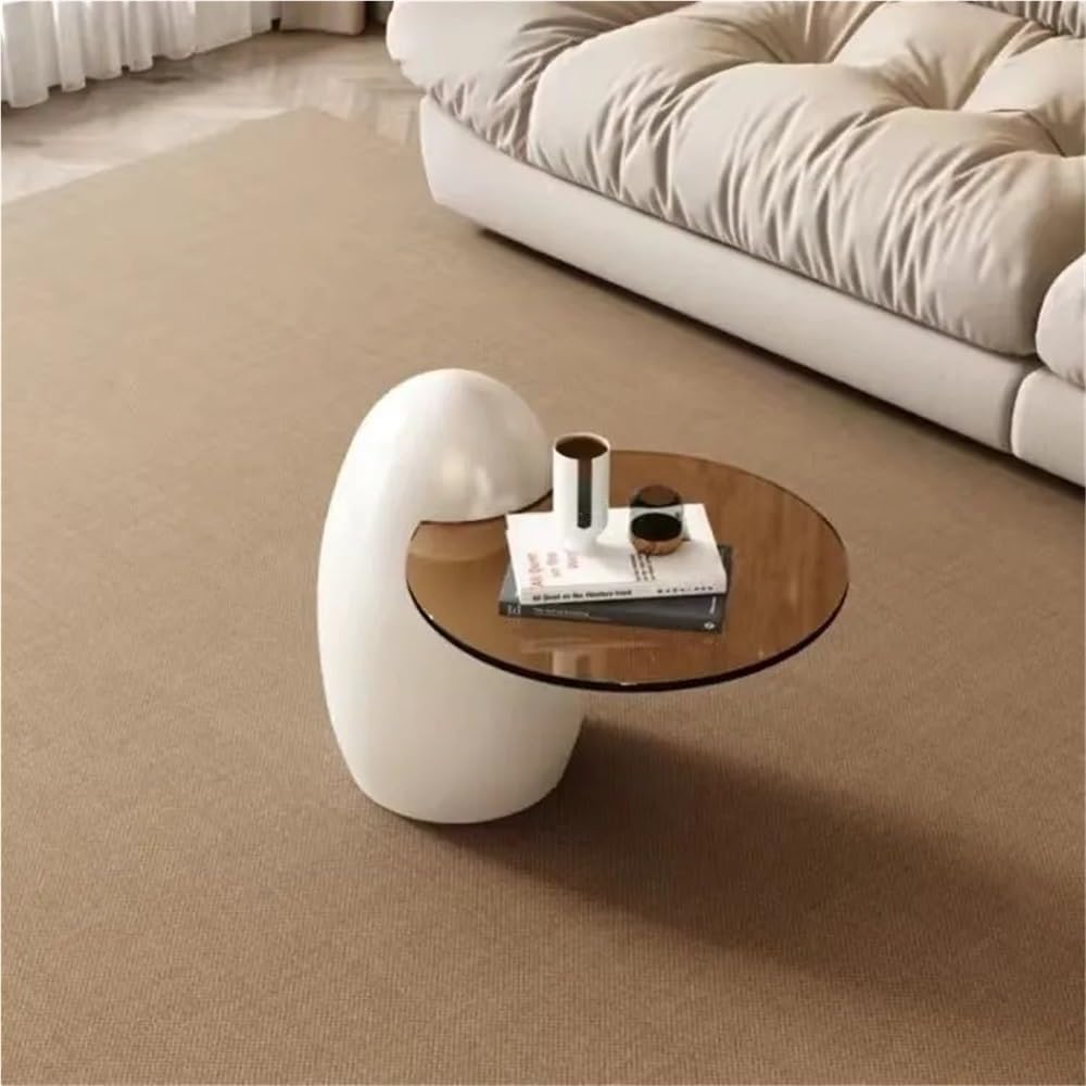 Modern PE Plastic Coffee Table, Nesting End Table with Glass Top, Creative Egg-Shaped Side Table for Living Room, Bedroom, Small Spaces