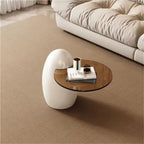 Modern PE Plastic Coffee Table, Nesting End Table with Glass Top, Creative Egg-Shaped Side Table for Living Room, Bedroom, Small Spaces