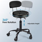 PU Leather Rolling Stool with Back Support Height Adjustable Swivel Stool Chair with Wheels Drafting Chair for Spa Slaon Massage Stable Base Foot Black