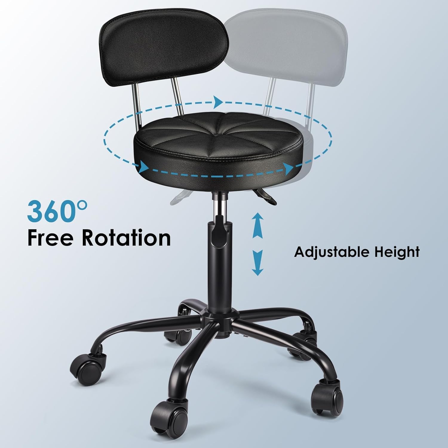 PU Leather Rolling Stool with Back Support Height Adjustable Swivel Stool Chair with Wheels Drafting Chair for Spa Slaon Massage Stable Base Foot Black