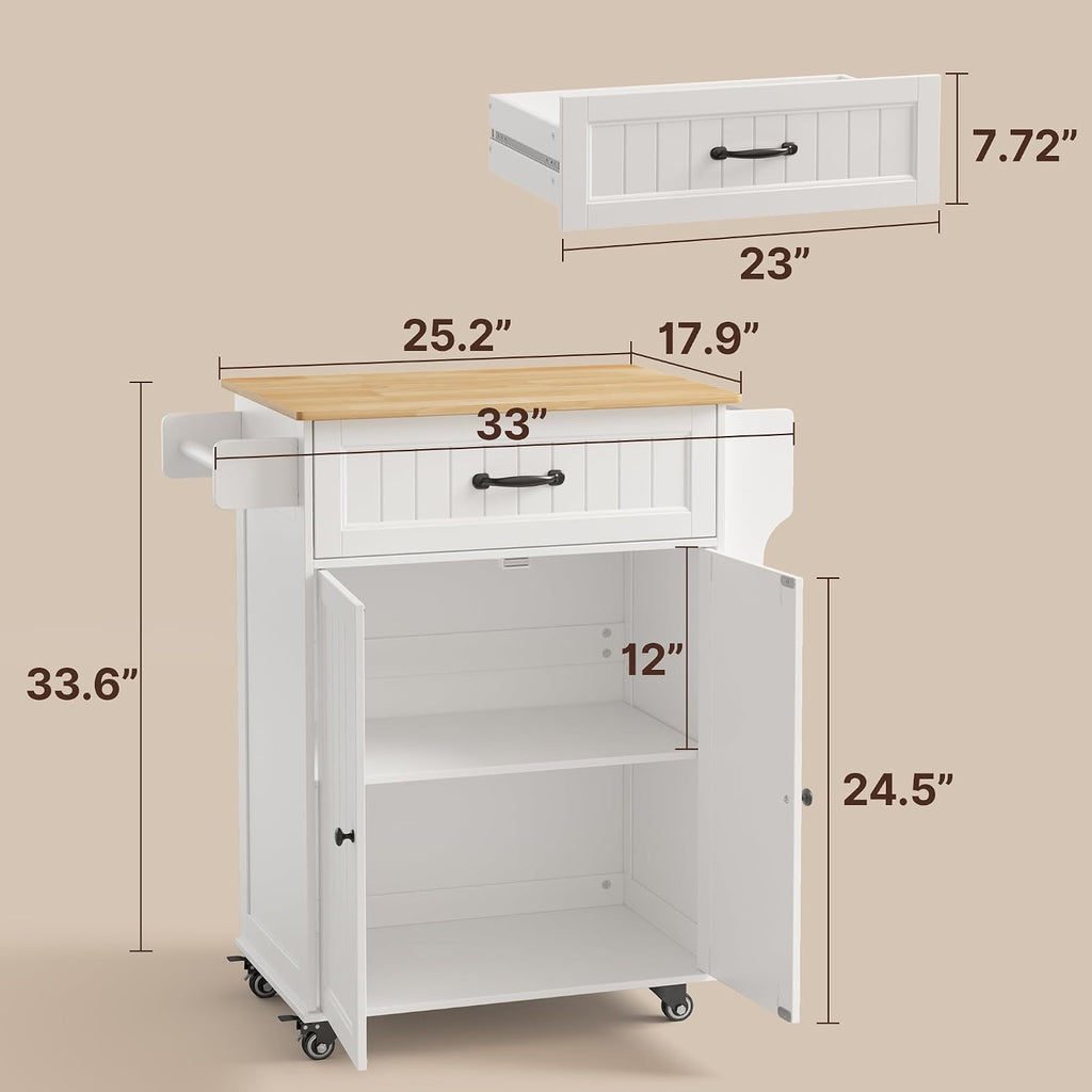 Gizoon Kitchen Island Cart with Adjustable Shelf | Drawer & Storage Cabinet, Spice Rack & Towel Rack, for Dining Room, Bar, White, Tabletop-oak color
