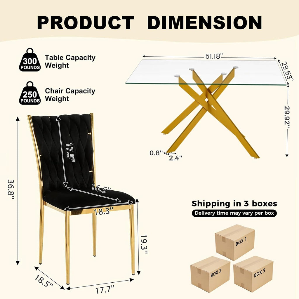 51'' Glass Dining Table Set for 4, Modern Rectangular Dining Room Table with Gold Metal Legs & 4 Upholstered Velvet Dining Chairs, Space-Saving Kitchen Table Set for Small Spaces, Apartment(Black)