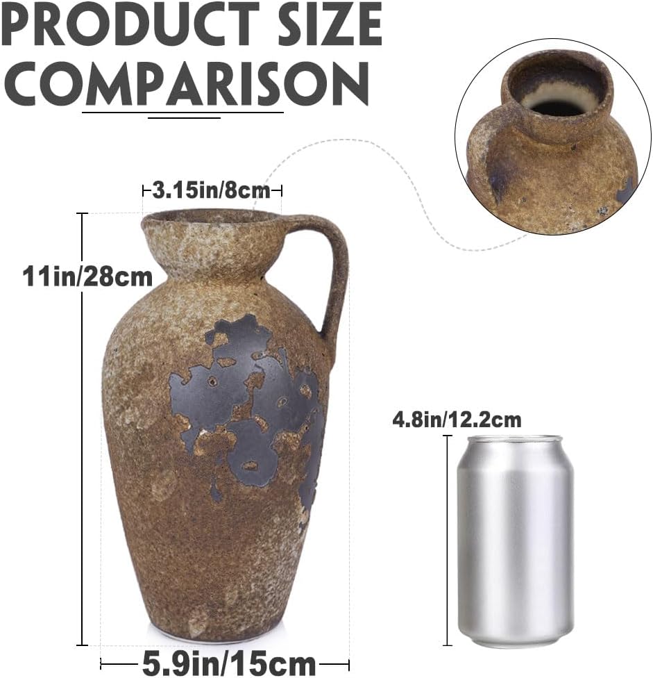 Wabi Sabi Rusty Vintage Vase, 11" Tall Wabi Sabi Decor Rustic Farmhouse Pottery Vase for Centerpiece, Textured Pottery Flower Vases for Home Decorative, Table, Living Room, Bedroom, Bathroom, Kitchen
