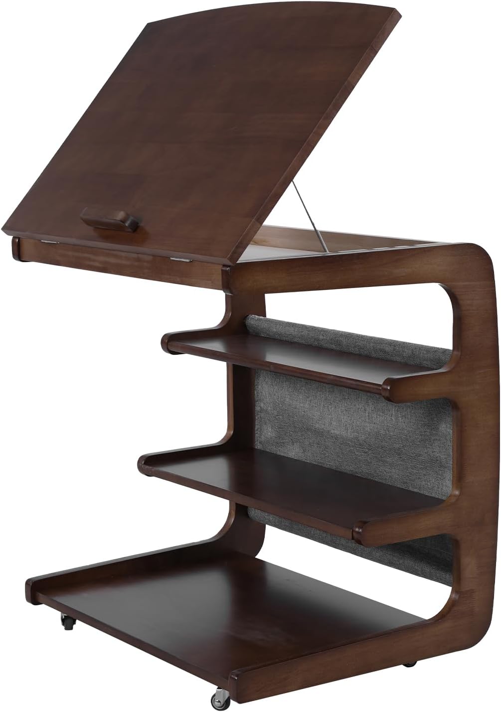 Wooden C-Shaped End Table with 2 Lockable Wheels 4-Tier Small Side Table with Storage Bag Adjustable Desktop 360 Degree Swivel TV Tray for Living Room Bedroom Use