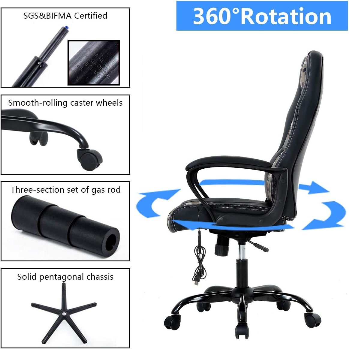 Office Chair Gaming Chair Desk Chair Ergonomic High Back Massage Computer Chair with Lumbar Support & Comfort Armrest PU Leather Rolling Task Racing PC Swivel Executive Chair for Men Women, Camo