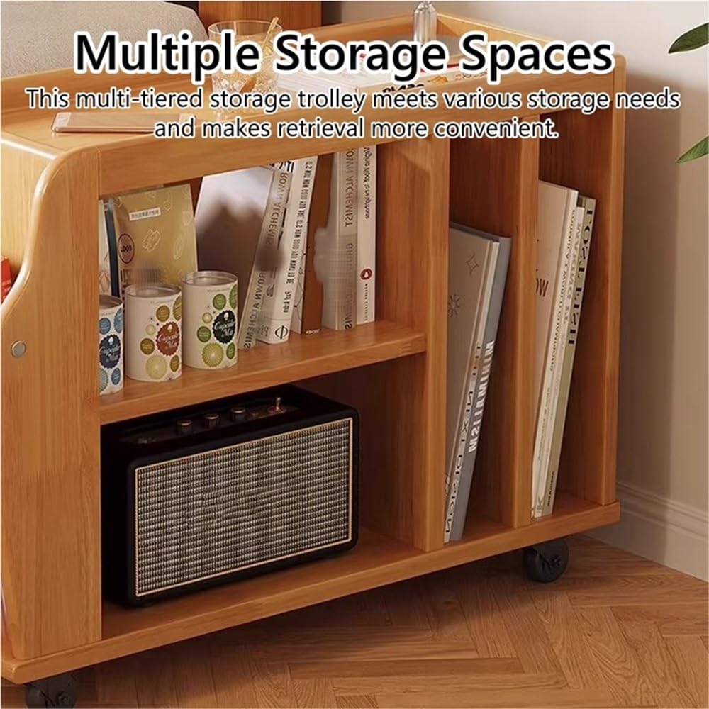 Movable Wood Side Tables with Casters, Rolling Table with Storage, Living Room End Tables with Magazine Rack, Multi-Functional Tables for Kitchen, Bedroom, Sofa Side(Natural)