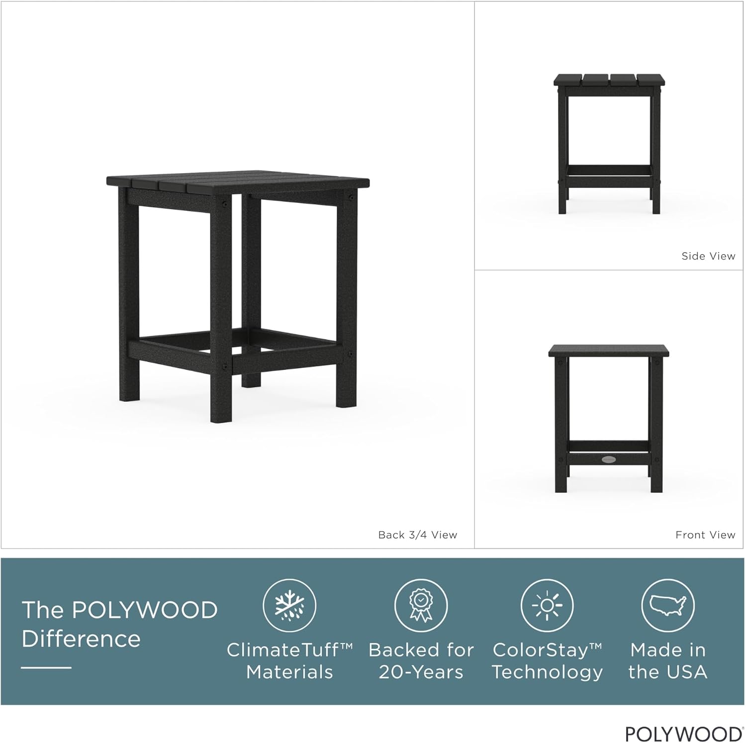 POLYWOOD Long Island 18" Side Table, Black