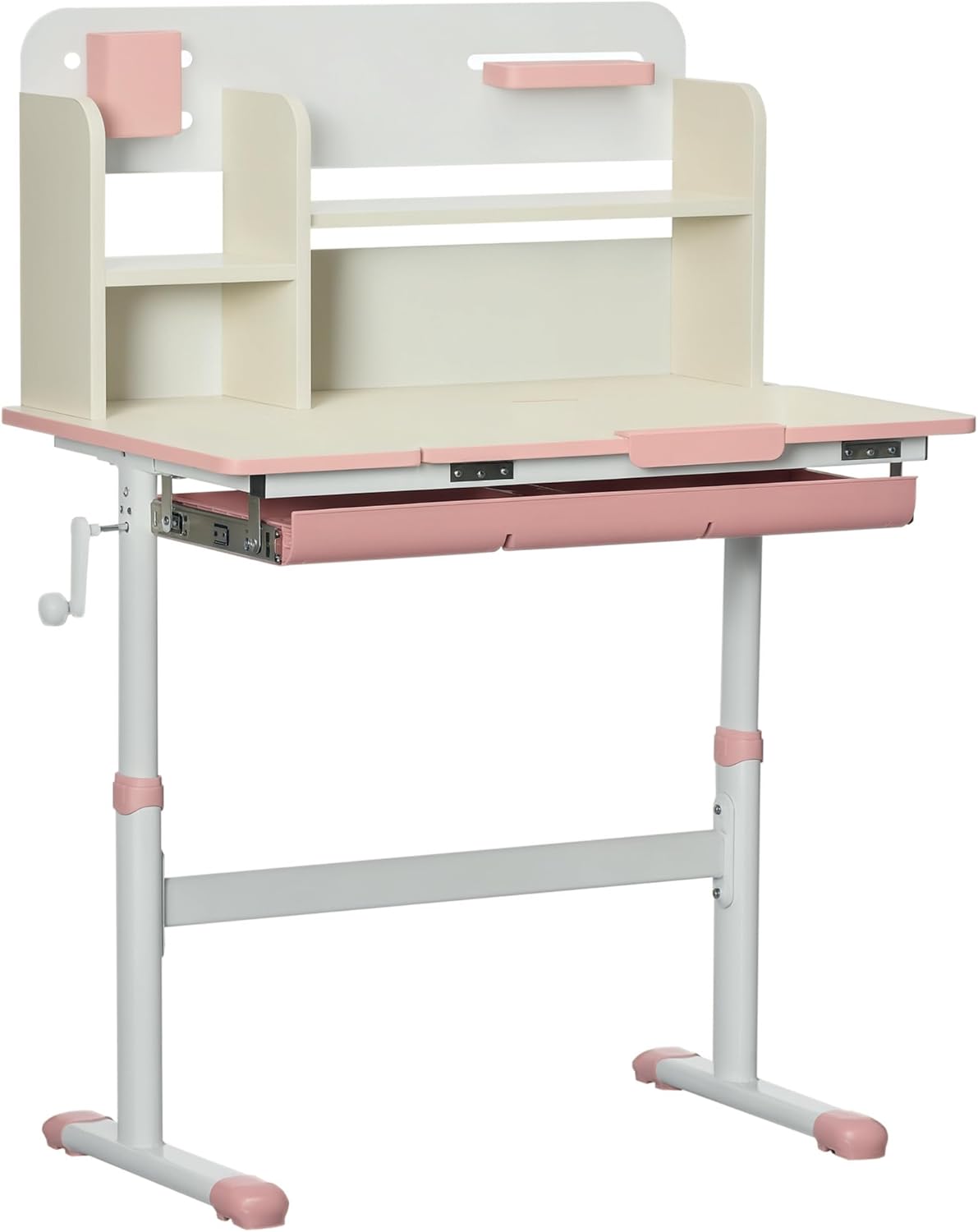 Qaba Wooden Kids Study Desk, Height Adjustable Children School Study Table, Student Writing Desk with Tilt Desktop, Drawer, Storage Shelf, Pen Holder, Pink