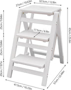 Folding Step Stool 3-Step Chair Ladder Multi-Functional Folding Solid Wood Ladder Stool Portable Wooden Step Stool for Household Kitchen and Office 220.46lbs, White