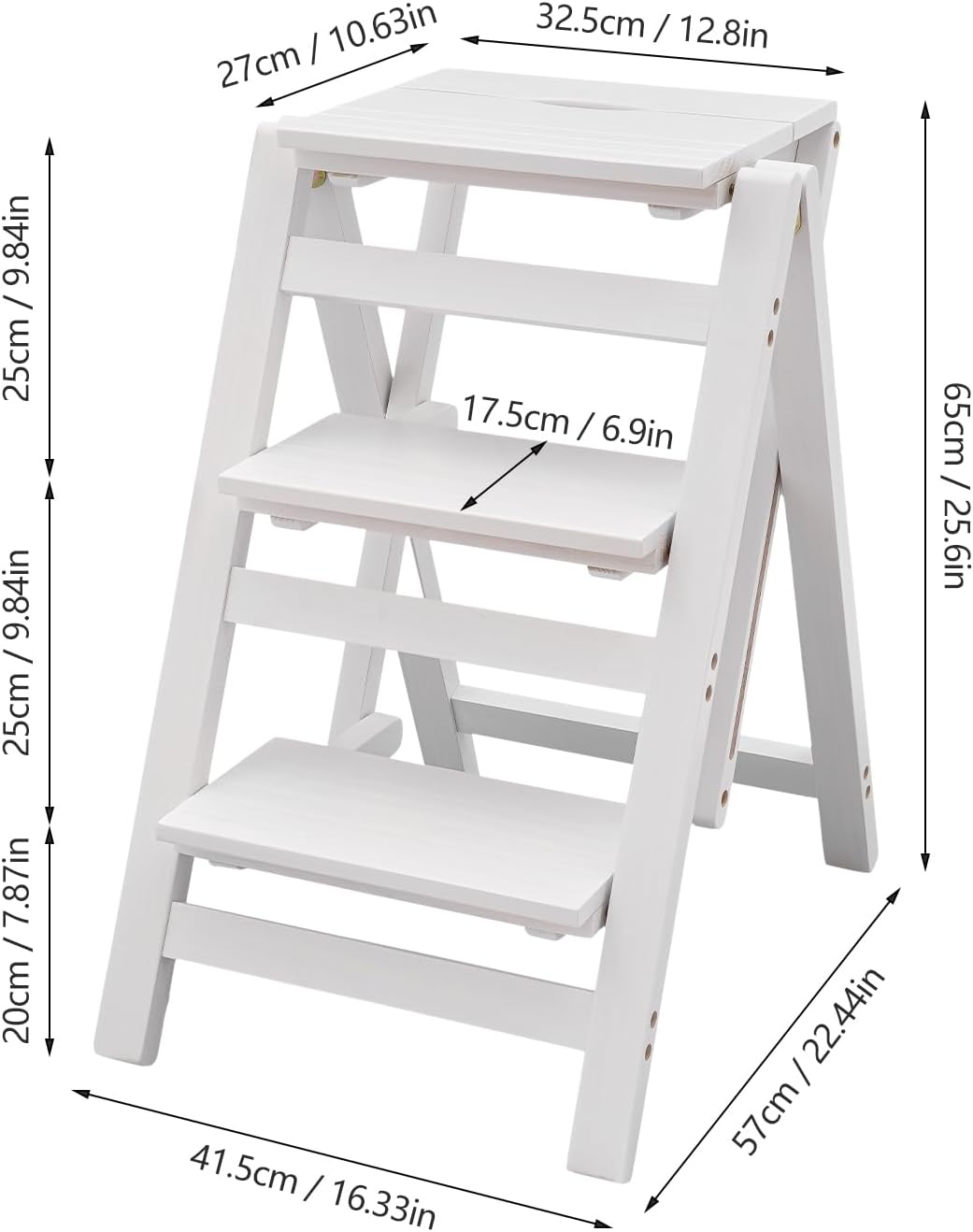 Folding Step Stool 3-Step Chair Ladder Multi-Functional Folding Solid Wood Ladder Stool Portable Wooden Step Stool for Household Kitchen and Office 220.46lbs, White