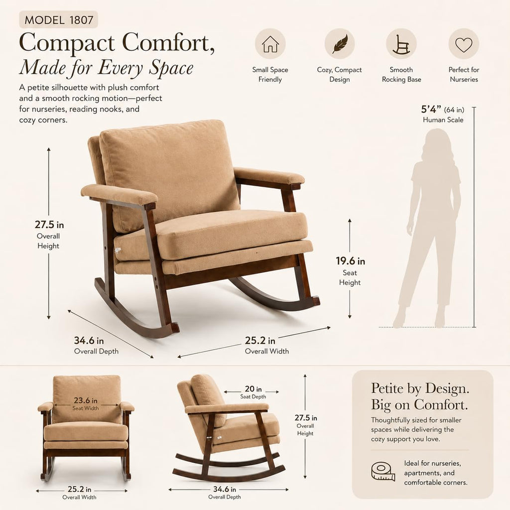 Nursery Rocking Chair, Compact Upholstered Rocker with Solid Wood Legs, Cozy Nursing Glider Chair for Mom, Small Space Chair for Nursery, Bedroom (Khaki)