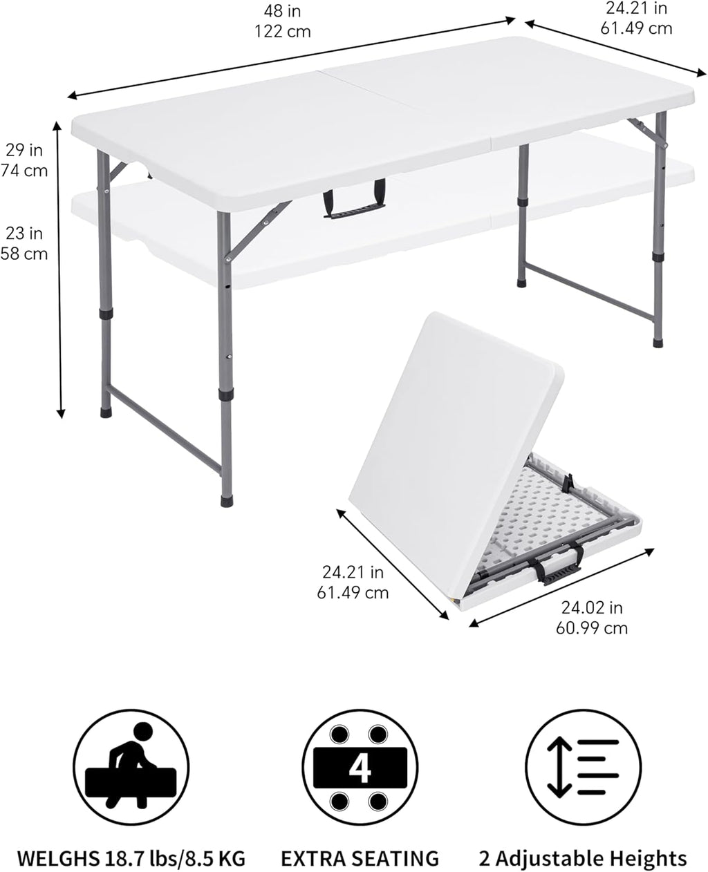 Folding Camping Table 4 Foot Adjustable Height 350lbs, 4FT Folding Picnic Card Table for Outdoor, Plastic Rectangular Dining Work Tables for Indoor, Heavy Duty Fold-in-Half Tray Tables