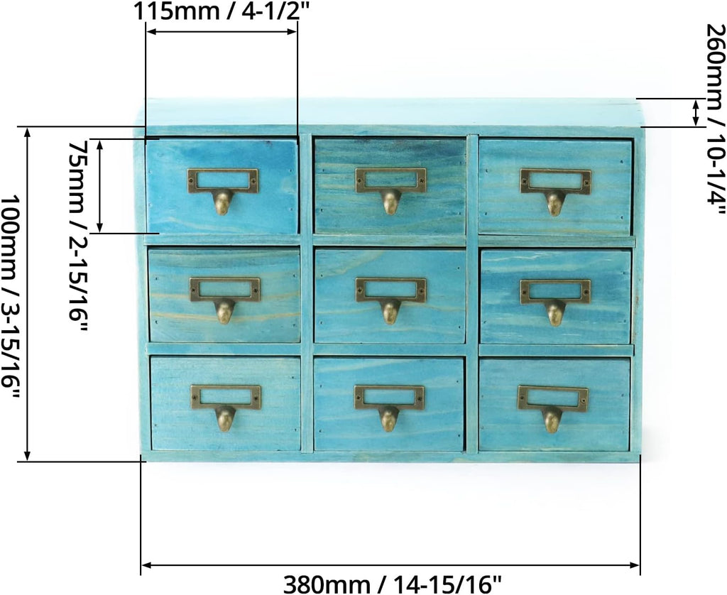 QWORK Desk Drawer Organizer, Wooden Vintage Apothecary Cabinet with 9 Drawers, Home Office & Tea & Dresser Bedroom Organization and Storage, Traditional Apothecary Cabinet, Blue