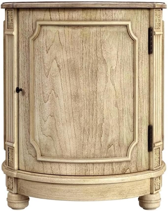Beaumont Lane 20" W Drum Side Table, Poplar Hardwood and Cherry Veneer, Beige Finish, Traditional Style with Storage Shelf, Decorative Floral Applique, Ideal for Living Room, Office or Bedroom Use