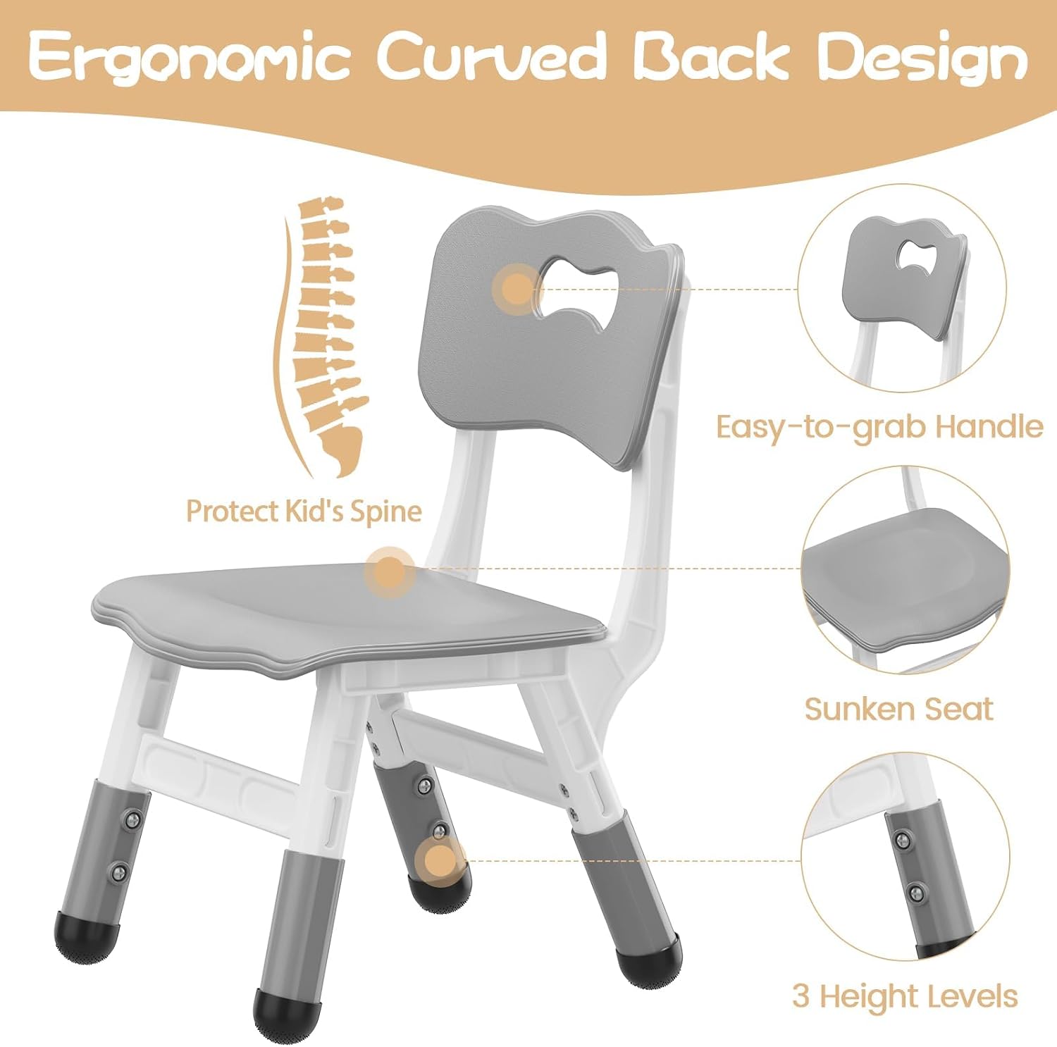 GAOMON Kids Chair Set of 2, 3 Level Height Adjustable Kid Chair, Plastic Toddler Chairs for Children Boys Girls Age 2-6, Suitable for Home Family Classroom Nursery Indoor Use, Grey