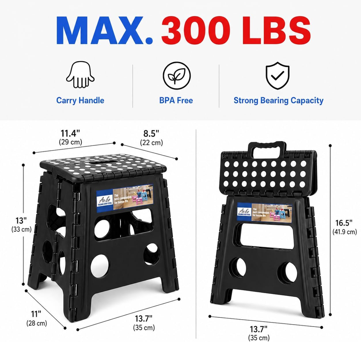 ACKO 2PACK Folding Step Stool - 13" Height Premium Heavy Duty Foldable Stool for Kids and Adults, Kitchen Garden Bathroom Stepping Stool (Black, 2PACK)