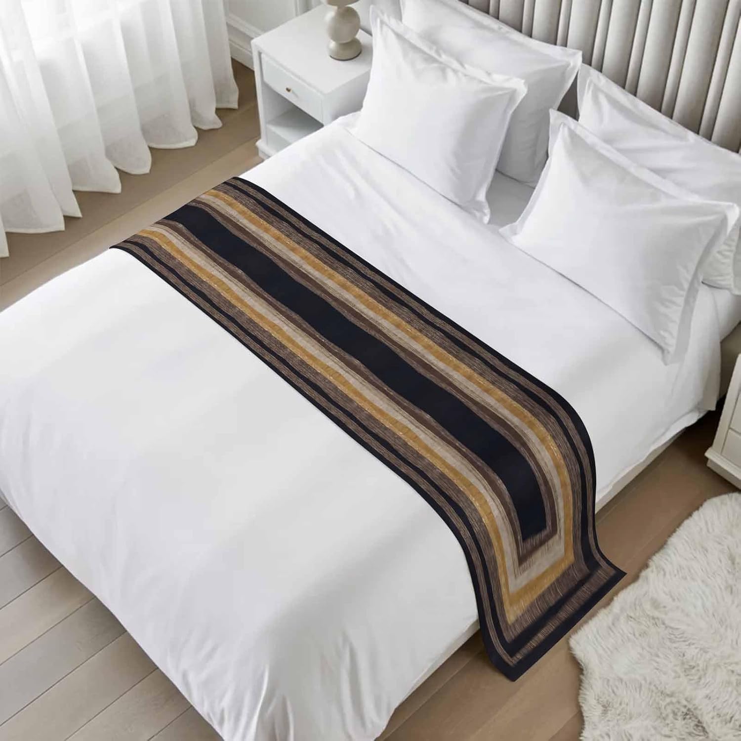 Bed Runner for King Size Beds, Farm Wooden Decorative Bed Runners Scarves for Bedroom, Geometric Black Brown Wood Grain Abstract Washable Bedding Scarf Cover