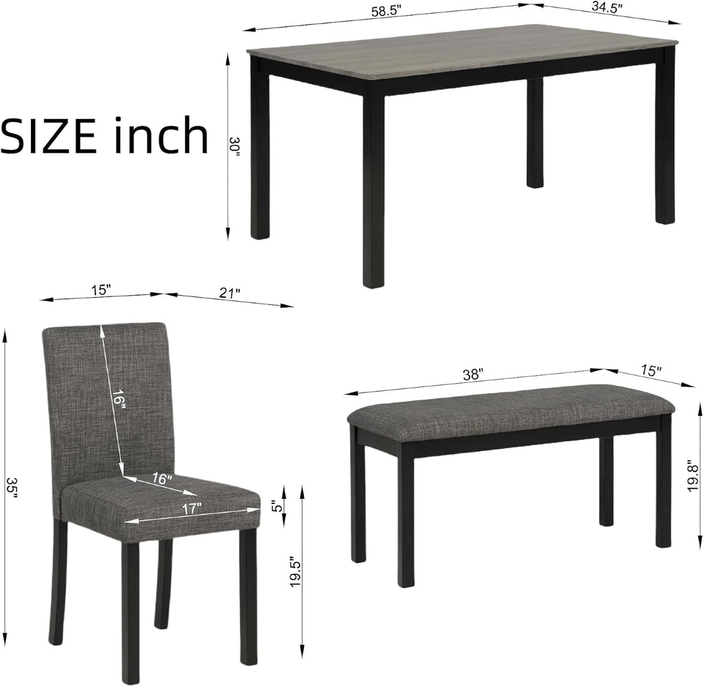 Dining Table Set for 5, Modern 6 Piece Dining Room Table Set with Rectangular Table 4 Upholstered Backrest Chairs and a Bench, Counter Height Kitchen Sets with Wood Grain Surface, Black