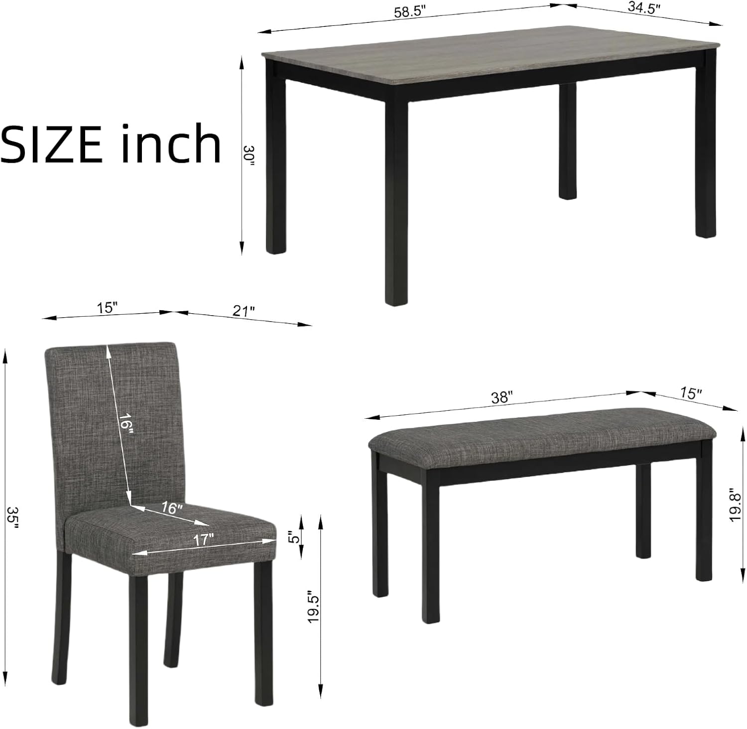 Dining Table Set for 5, Modern 6 Piece Dining Room Table Set with Rectangular Table 4 Upholstered Backrest Chairs and a Bench, Counter Height Kitchen Sets with Wood Grain Surface, Black