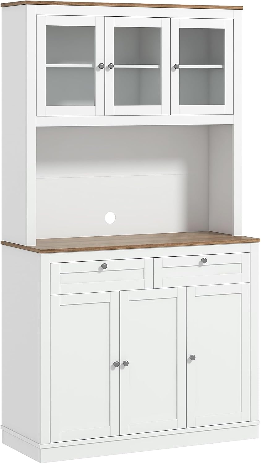71" Tall Kitchen Pantry Storage Cabinet with Microwave Stand, Freestanding Buffet with Hutch 2 Drawers Adjustable Shelves and Glass Doors for Kitchen, Dining Room, White