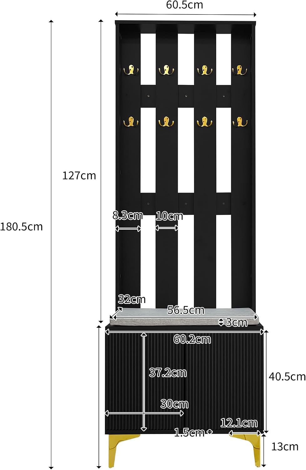 Stylish Multifunctional Entryway Wardrobe Set Black Shoe Bench with Hooks Push to Open Door Adjustable Shelves Wave Pattern Cabinet Leatherette Cushion Gold Metal Legs Vertical STO