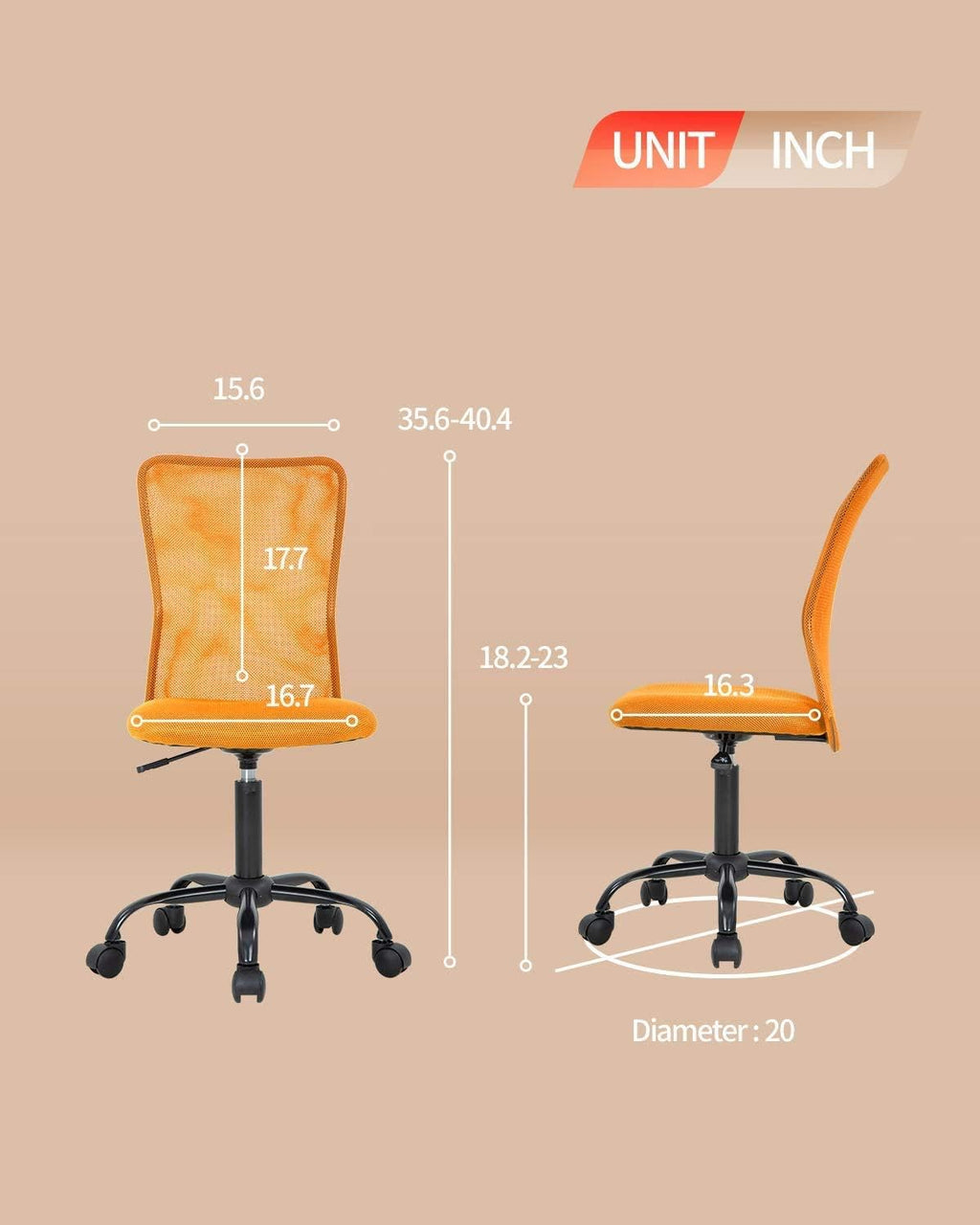 Meet perfect Office Chair, Ergonomic Desk Chair with Adjustable Height and Lumbar Support, Small Computer Mesh Chair Drafting Chair No Arms, Rolling Swivels Armless Conference Room Task Chair- Orange