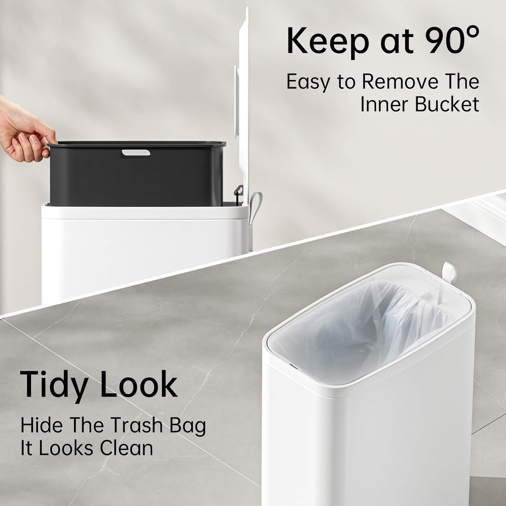 Small Bathroom Trash Can with Lid Soft Close, Step Pedal, 1.6 Gallon White Stainless Steel Slim Garbage Can with Removable Inner Bucket, Includes 60 Trash Bags for Home Bedroom