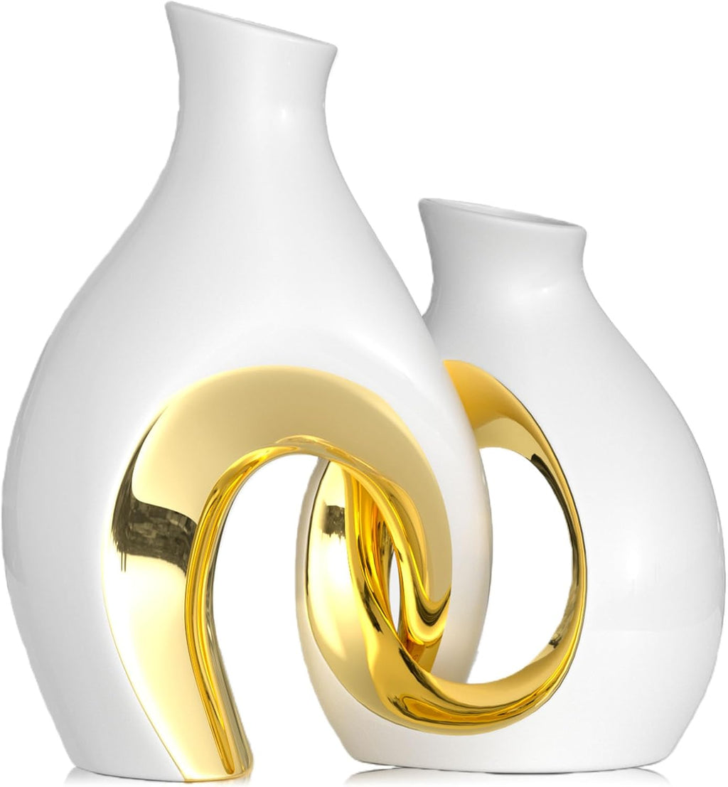Hollow Ceramic Vase Set of 2,Nordic Modern Boho Decorative Ceramic Aesthetic Flower Vase for Home Decor,Minimalist Centerpiece Table Decorations,Wedding,Living Room,Bookshelf,Entryway (White Gold)
