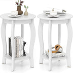 GOFLAME 2-Tier Round End Table Set of 2, Mid-Century Modern Sofa Side Table with Storage Shelf, Solid Wood Legs, Compact Accent Table, Nightstand for Living Room, Bedroom, Small Space, White