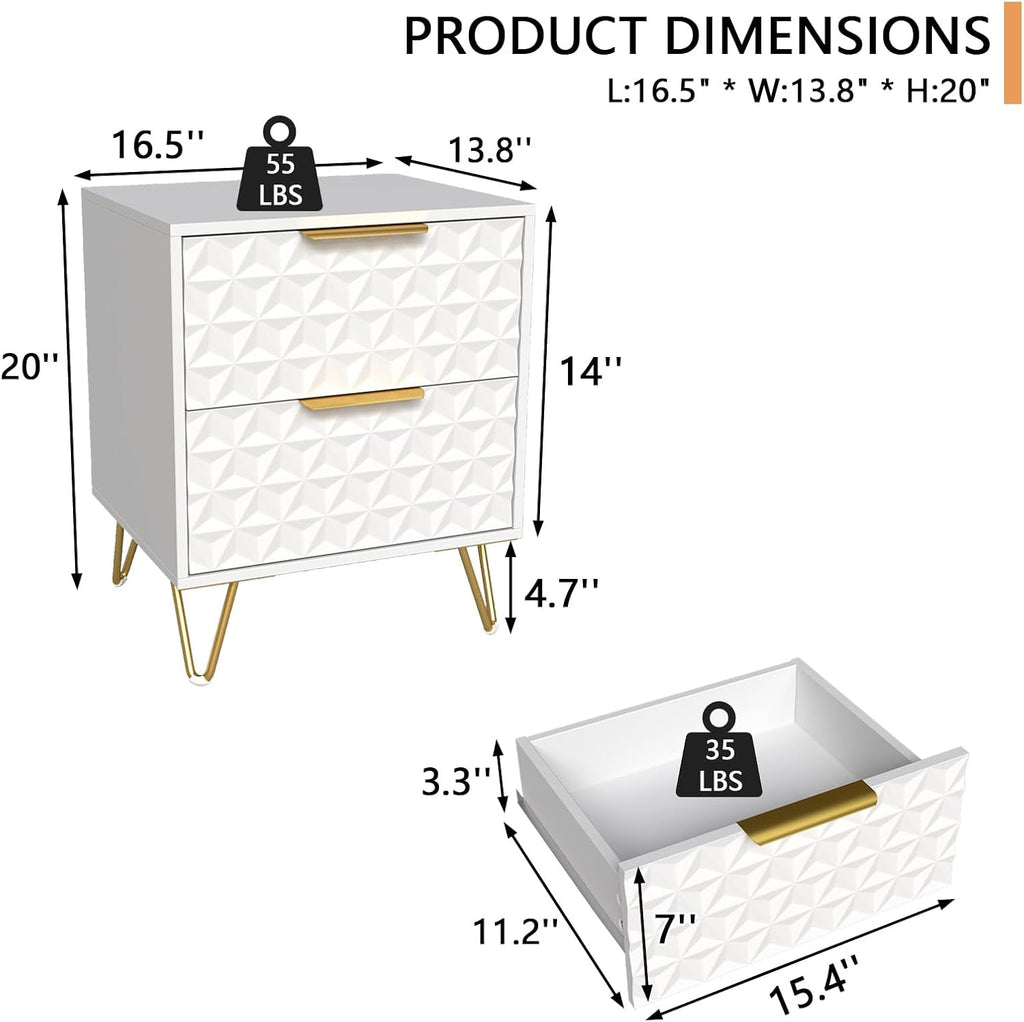 White and Gold Nightstand Set of 2,Modern Bedside Tables Set of 2 with 2 Drawer for Bedroom,End Side Table with Gold Legs for Living Room