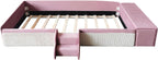 Twin Size Velvet Upholstered Floor Daybed with Stairs, Gas Lift Storage Ottoman and Padded Guardrails for Kids (Pink+White, Twin)