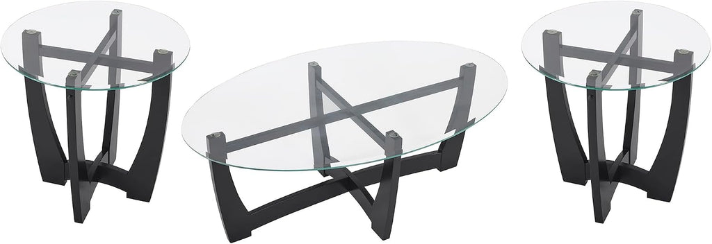 Round End Table with Clear Tempered Glass Top, Black Wood Base, 23.5 Inch, Contemporary Side Table for Living Room