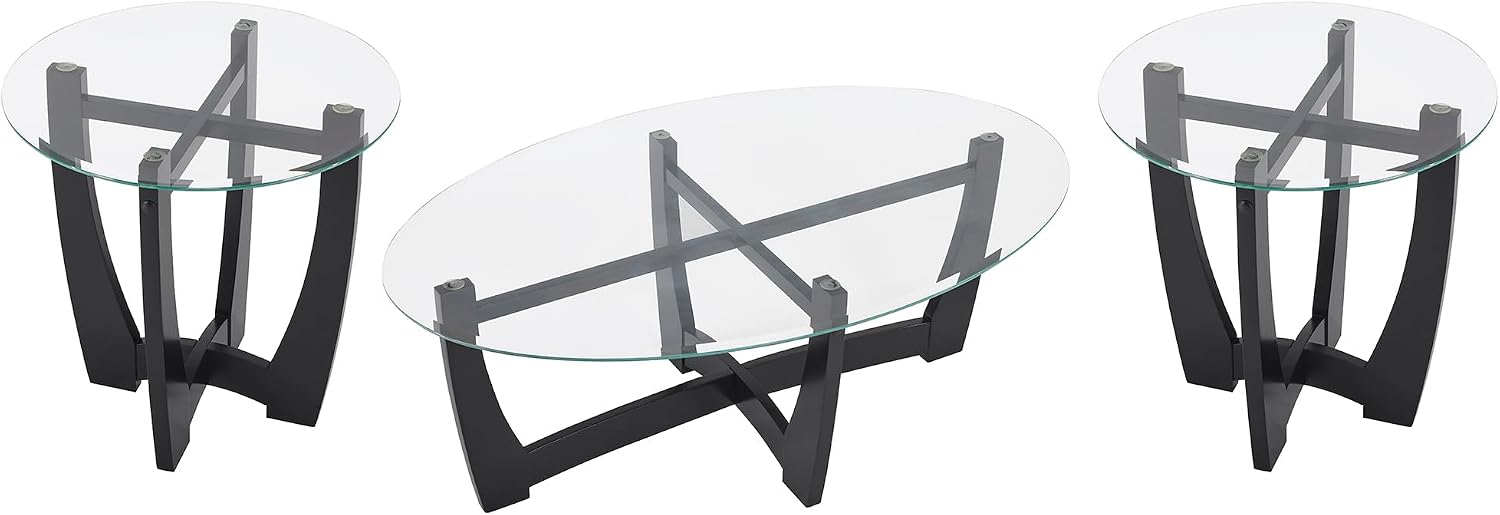 Round End Table with Clear Tempered Glass Top, Black Wood Base, 23.5 Inch, Contemporary Side Table for Living Room