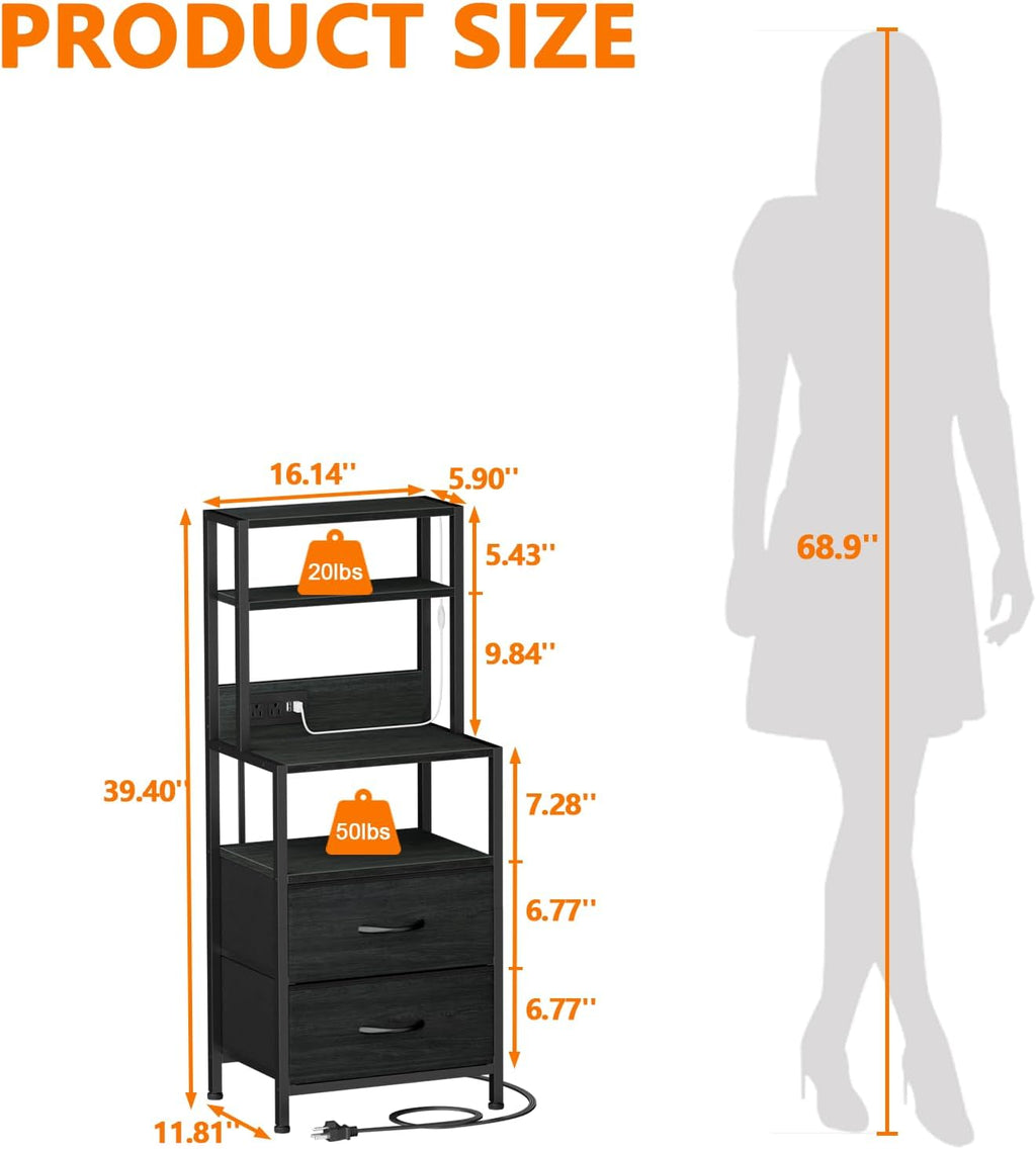 Furnulem Nightstand, Tall Night Stand & Bedside Table with Charging Station | RGB LED Light & USB Ports & type-C, 2 Fabric Drawers and 4-Tier Shelves Bedside End Table for Bedroom Dorm Storage, Black Oak