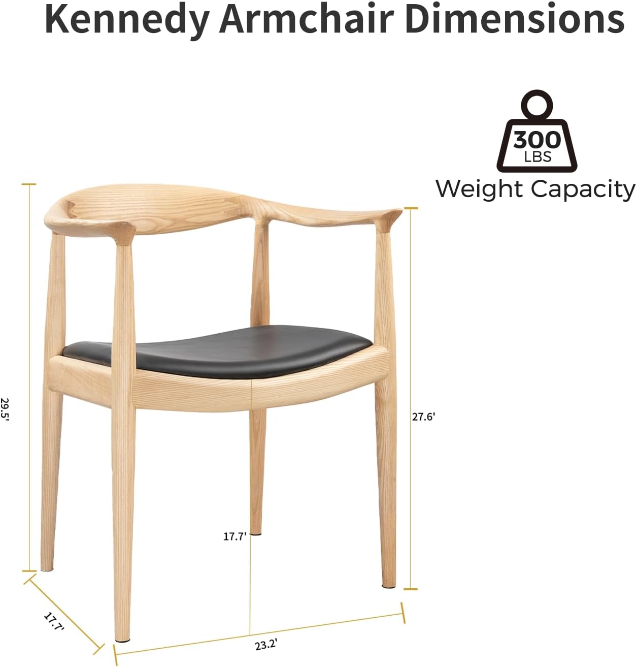 Tomile Hans Wegner Kennedy Chair, Mid Century Modern PU Leather Dining Armchair with Comfortable Curved Backrest, Solid Ash Wood Frame, Fully Assembled for Kitchen, Dining Room, Office (Natural)