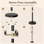 Solid Wood Freestanding Coat Rack with 6 Gold Metal Hooks, Heavy-Duty Freestanding Coat Stand for Coats, Hats, and Bags, Coat Racks for Bedroom, Entryway, and Living Room (Black)