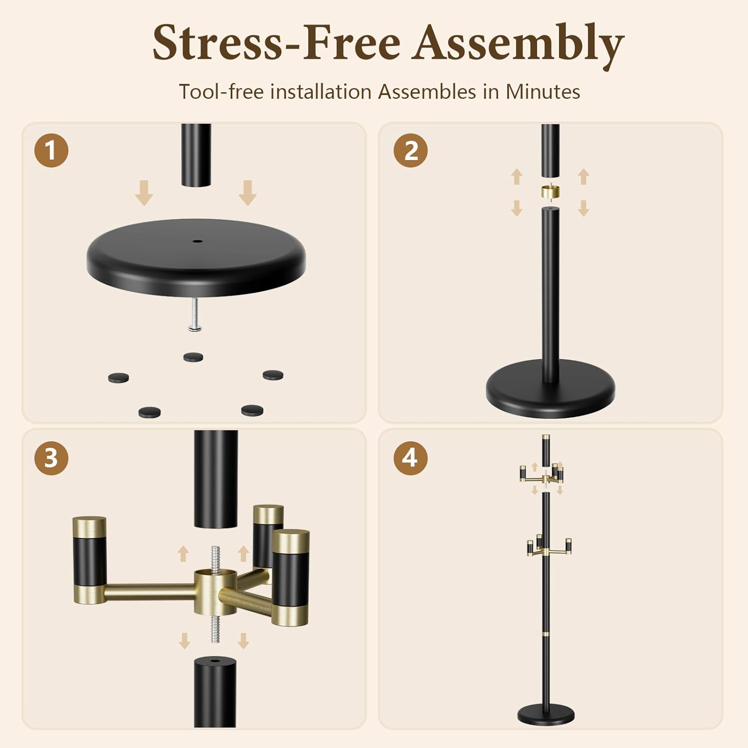 Solid Wood Freestanding Coat Rack with 6 Gold Metal Hooks, Heavy-Duty Freestanding Coat Stand for Coats, Hats, and Bags, Coat Racks for Bedroom, Entryway, and Living Room (Black)