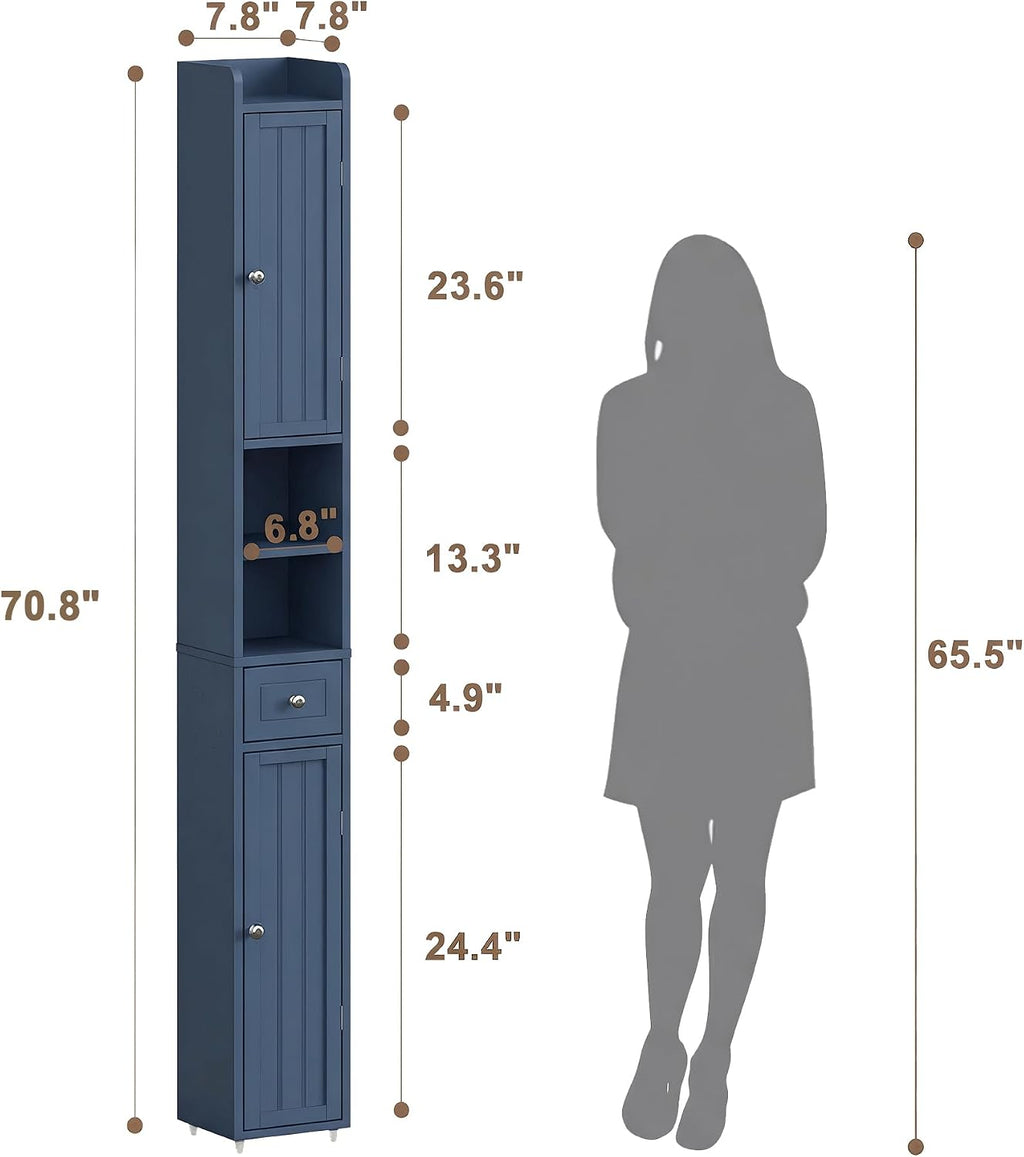 ChooChoo Narrow Bathroom Storage Cabinet with Adjustable Shelves, Tall Storage Cabinet with 2 Doors and 1 Drawer, Freestanding Cupboard for Small Spaces, Blue