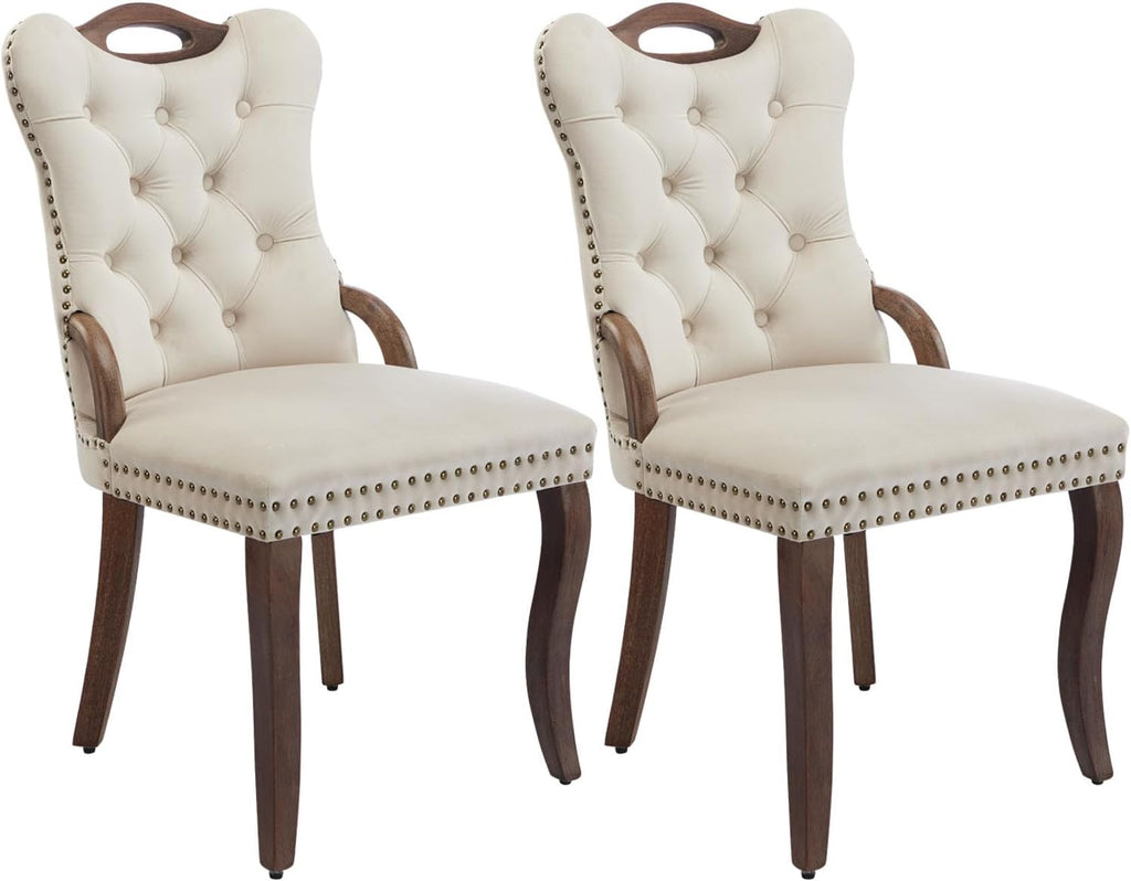 Shenyon Beige Velvet Dining Chairs Set of 2，Modern Upholstered Dining Room Chairs with Tufted Back and Wood Handles, Curved Solid Wood Legs, Sillas de Comedor