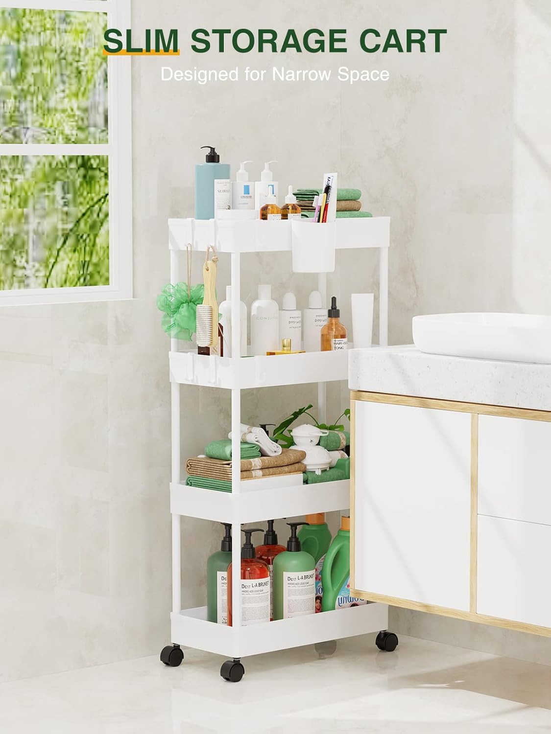 LEHOM Slim Rolling Storage Cart - 4 Tiers Bathroom Organizer Utility Cart Slide Out Storage Shelves Mobile Shelving Unit for Kitchen, Bedroom, Office, Laundry Room, Small Narrow Spaces (7.1" W+White)